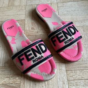 Fendi Floral Canvas Logo Slide Sandals
